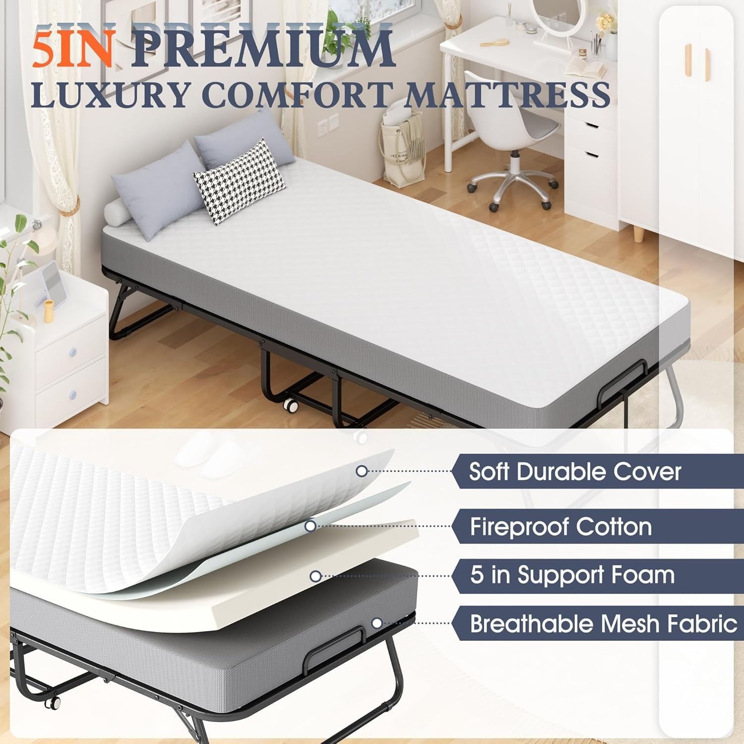 75″x31″ Folding Cot Bed, Metal Frame on Wheels, Roll Away, Space Saving