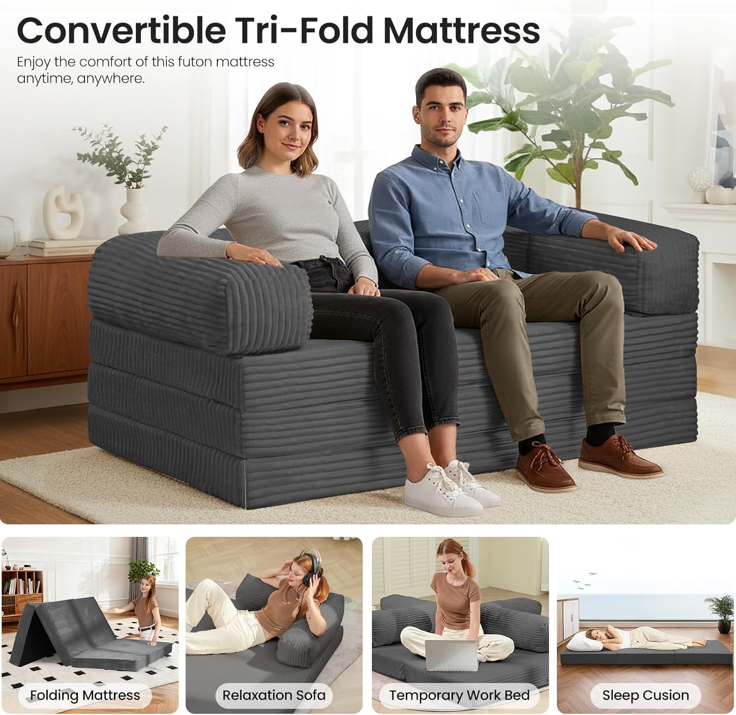 Tri-Fold Foldable Mattress Convertible Folding Sofa Bed W/ Removable Arms &