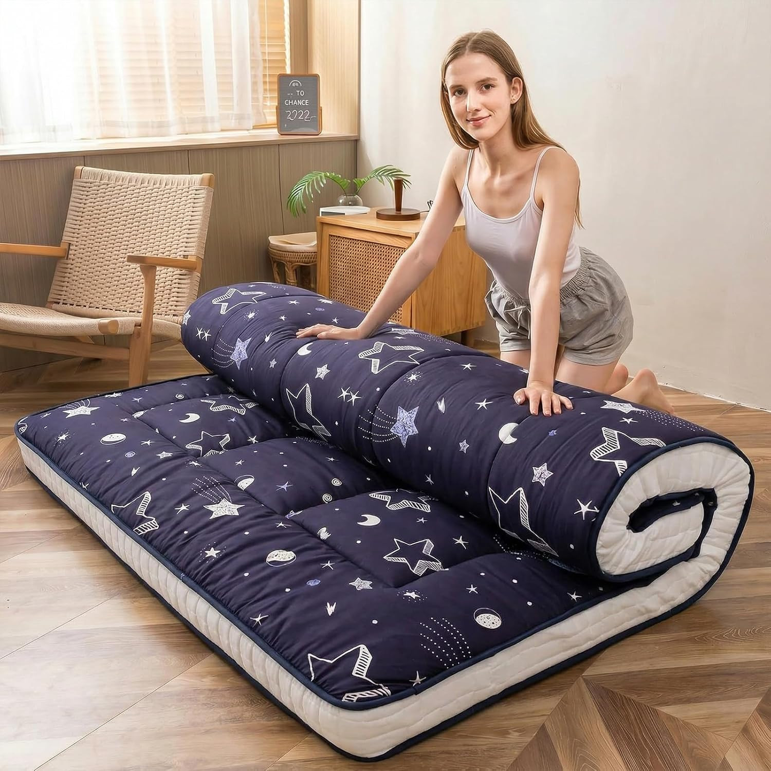 Navy Star Extra Thick Futon Mattress – Quilted Floor Lounger for Camping, Twin