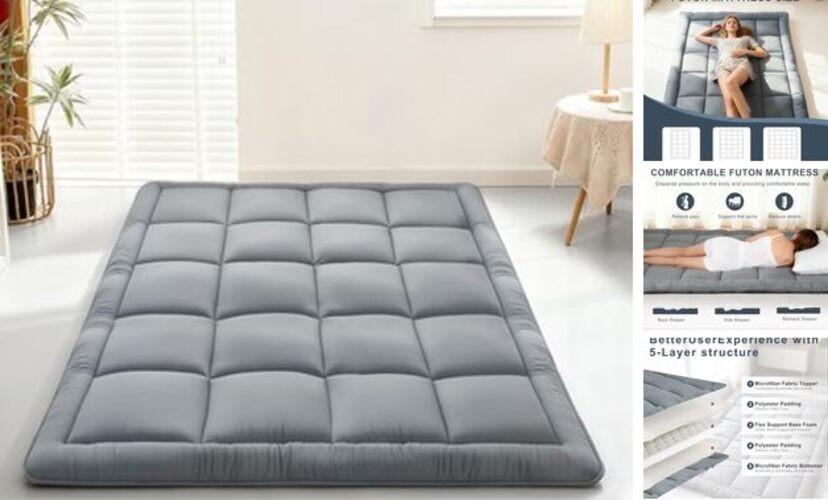 Japanese Floor Mattress Futon, Thick 5-Layer Roll Up Foldable Twin Grey