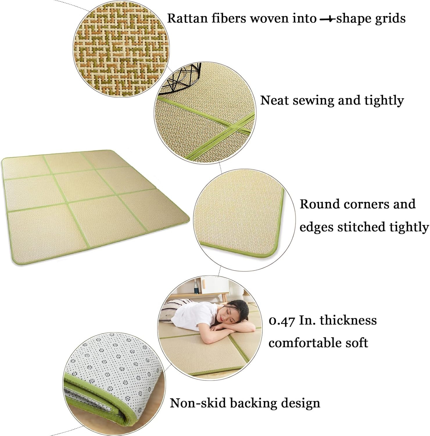71” Green Igusa Tatami Mat – Non-Slip Breathable Memory Foam Mattress