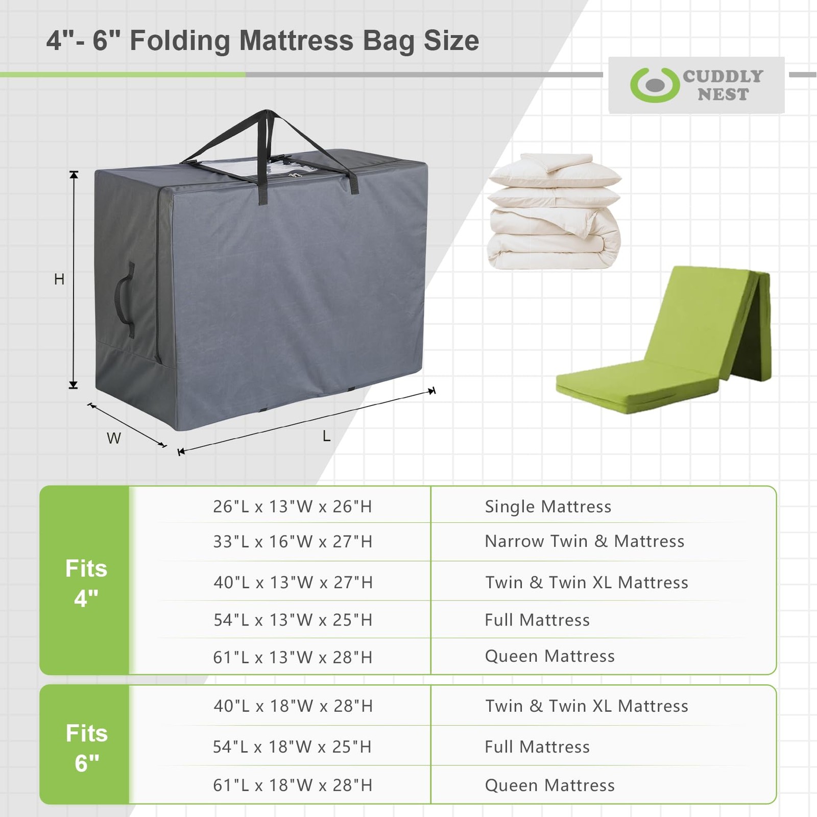 Cuddly Nest Folding Mattress Storage Bag for Tri-Fold Guest Beds TWIN/TWIN XL