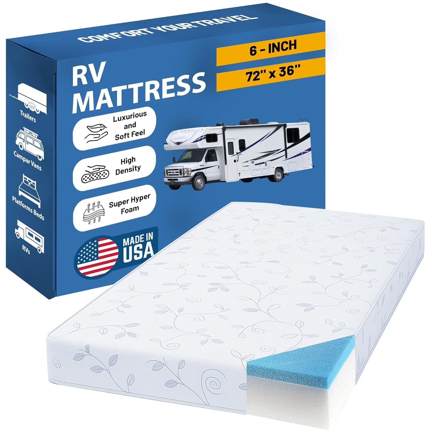 Greaton, 6-Inch High-Density Cooling Gel Memory Foam RV Mattress Replacement