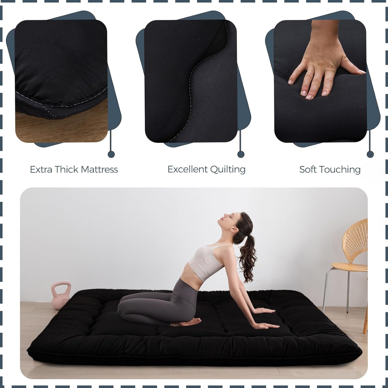 Extra Thick 6″ Japanese Futon Mattress, Foldable Black Floor Bed for Adults