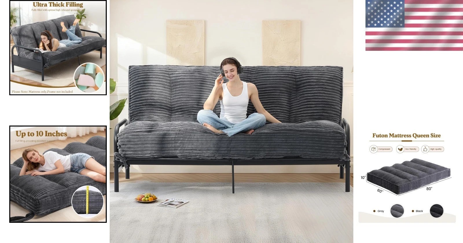 10″ Queen Futon Mattress – Soft & Supportive Folding Sofa Bed for Every Space