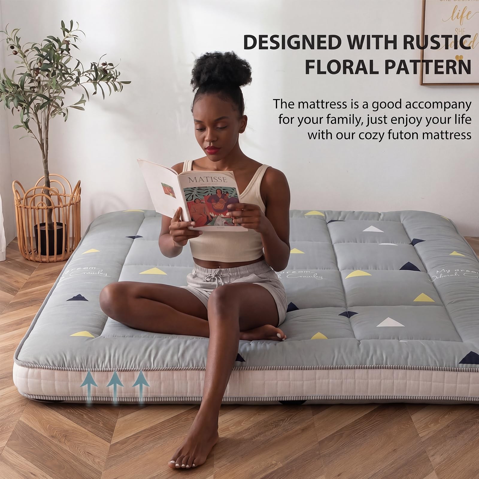 Grey Triangle Futon Mattress, Padded Japanese Floor Mattress Quilted Mattress…