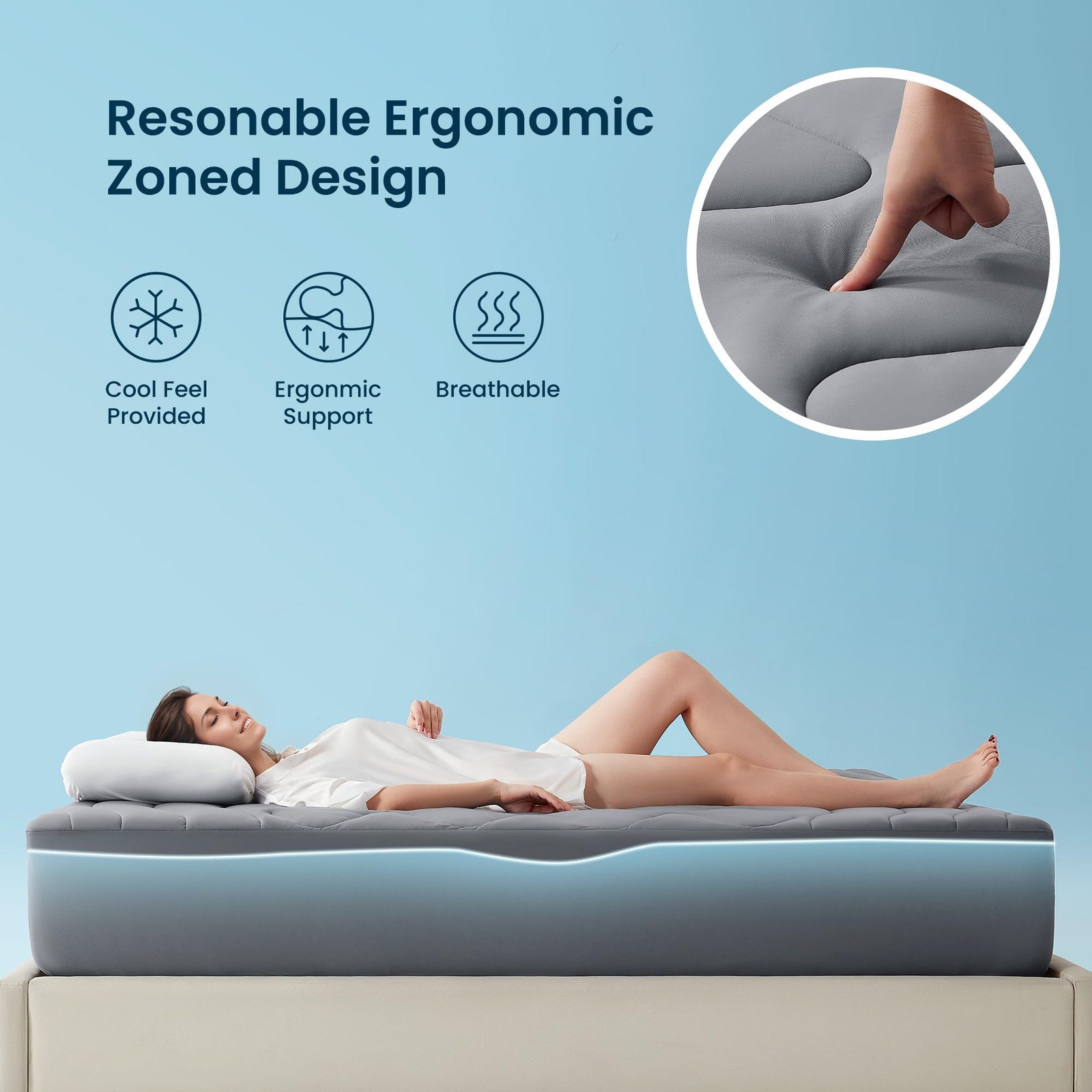 Sleep Zone Cooling Mattress Pad Queen, Support Topper, Gray