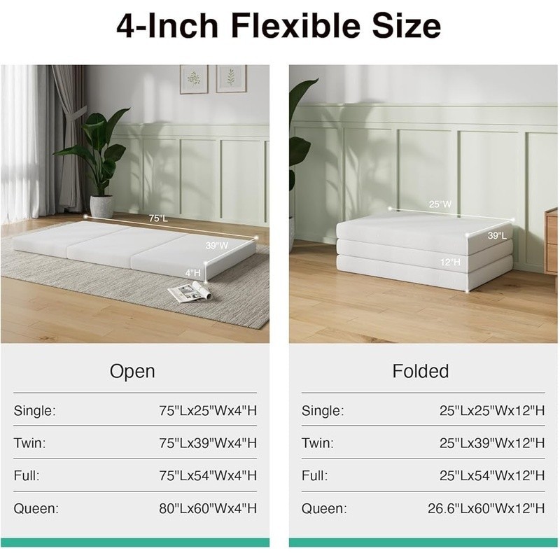 Portable Tri-Fold Mattress Comfortable Foldable Sofa Topper Memory Foam Travel