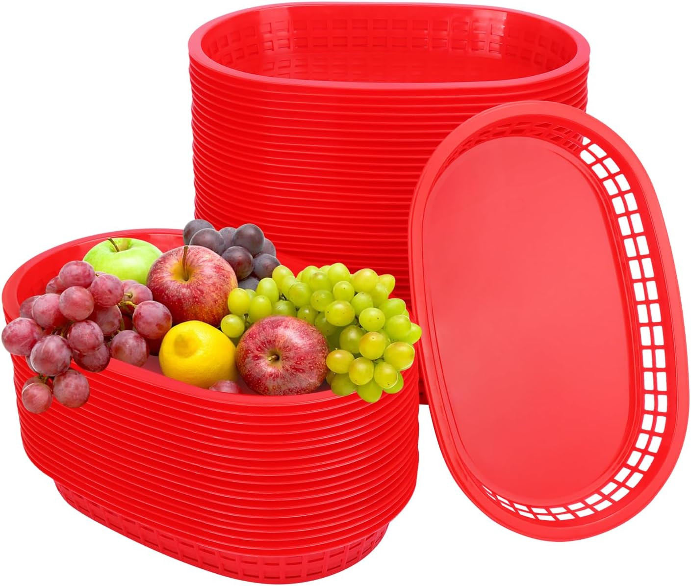 60 Pack Fast Food Baskets, 10.6 X6. 7 Inch Versatile Red Plastic Food Baskets, F
