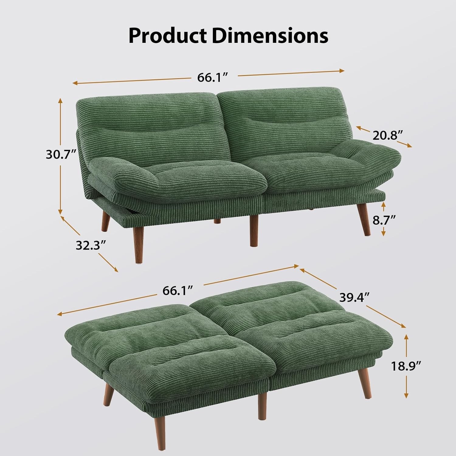 Pipi Futon Sofa Bed, 66 Inch Corduroy Futon Couch Convertible with