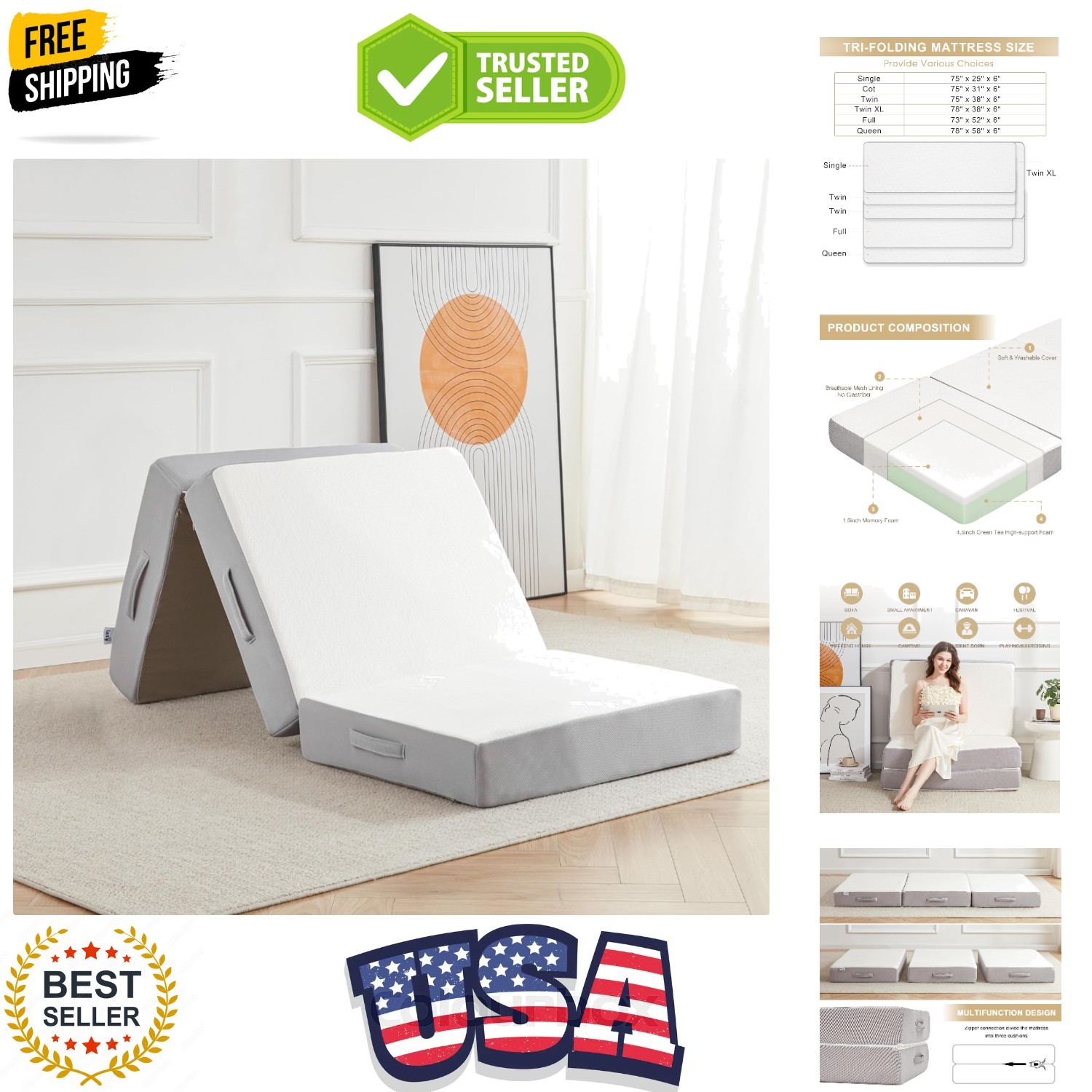 Folding Mattress, 6 Inch Memory Foam Tri-fold Mattress with Breathable & Wash…