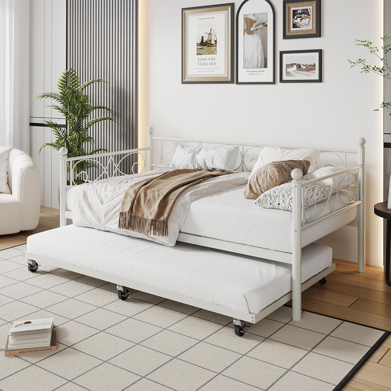 Twin Daybed with Trundle Bed, Space-Saving Metal Day Bed Fre with Floral