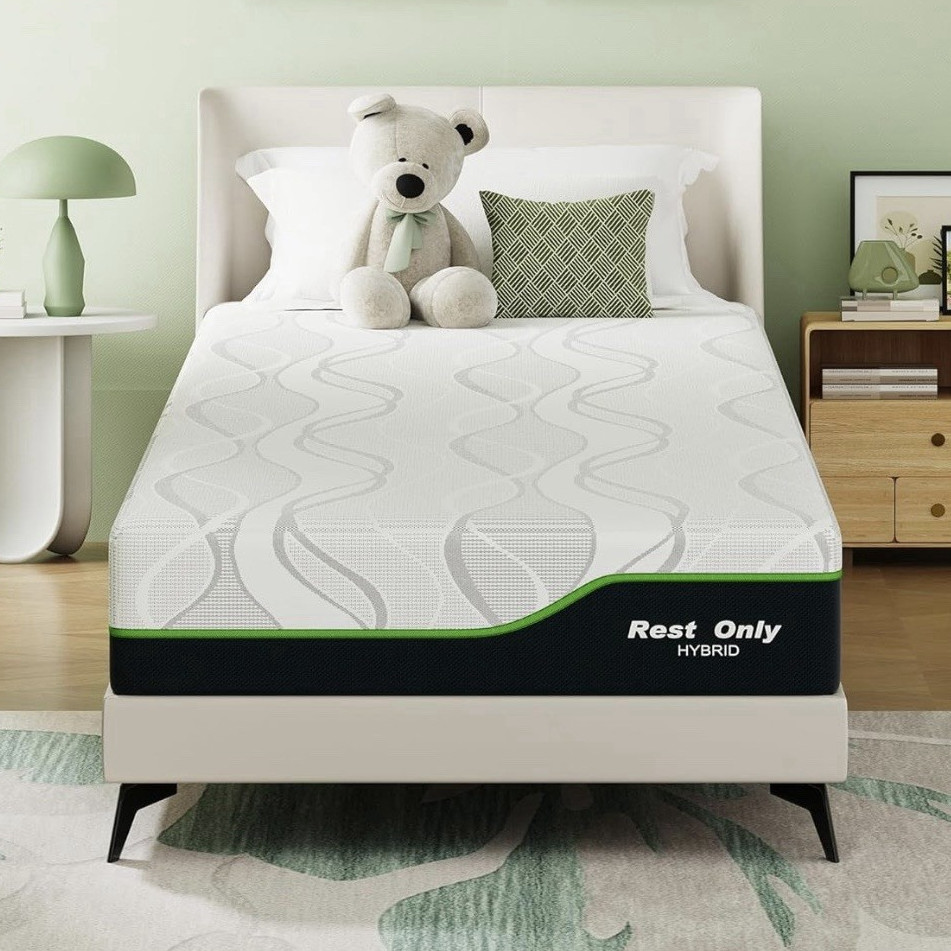 Rest Only Twin Medium Firm Hybrid Mattress, Pressure Relief, White/Black/Green
