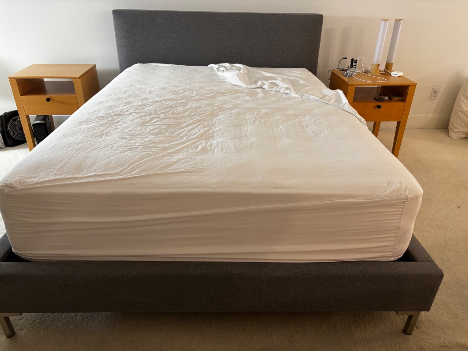 Saatva Queen Size Firm Mattress 14.5″ plus Santorini pewter frame and headbooard