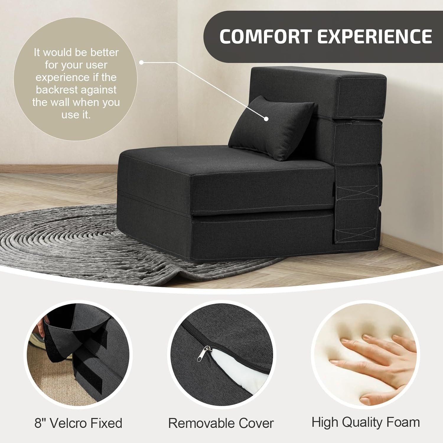Folding Sofa Bed with Pillow- Convertible Chair Single(28 width), Dark Gray