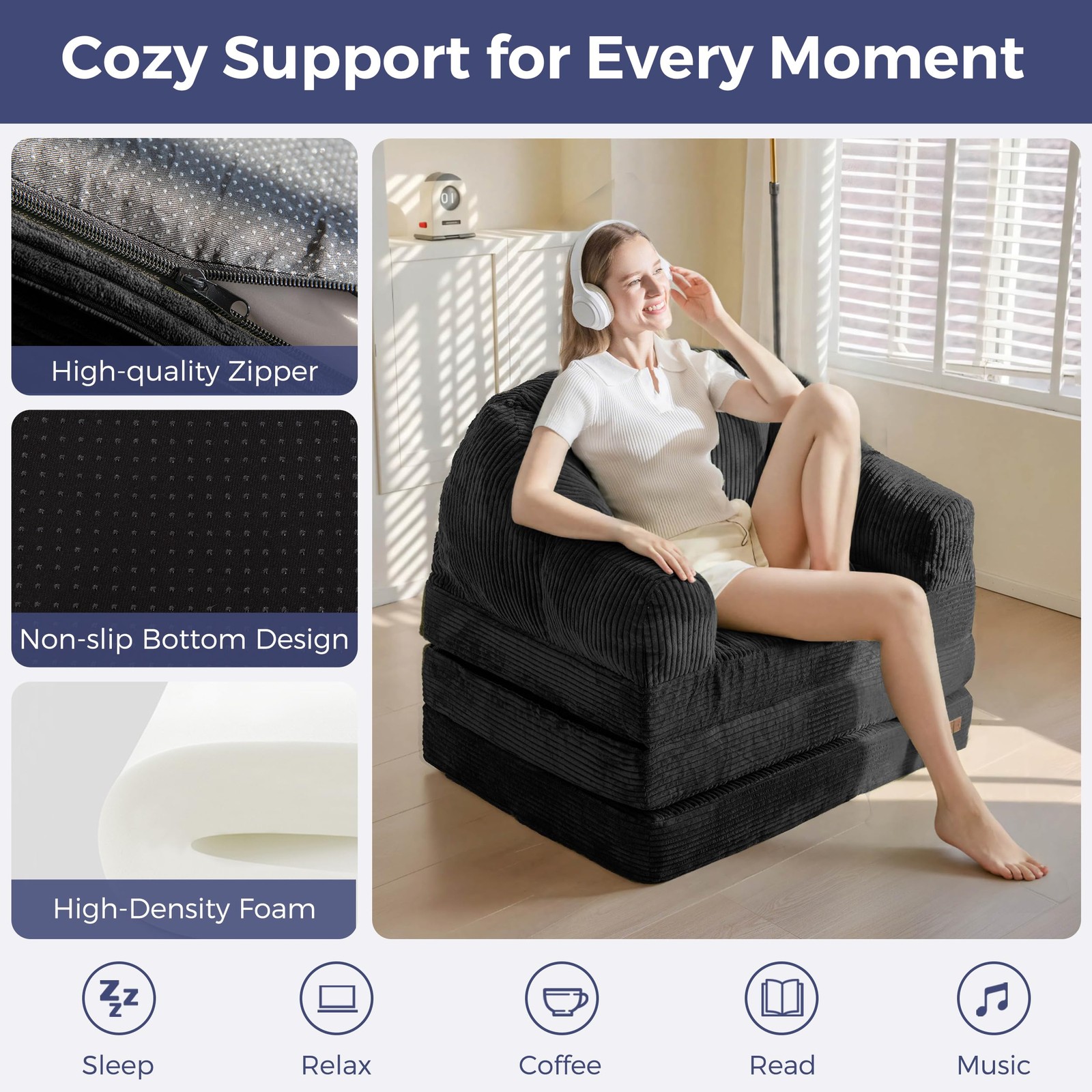 MAXYOYO Folding Sofa Bed with Backrest, Boneless Fold Out Couch Large, Black