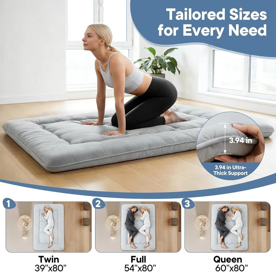 4″ Roll Up Floor Mattress Japanese Foldable Futon Mat Tatami w/ Removable Cover