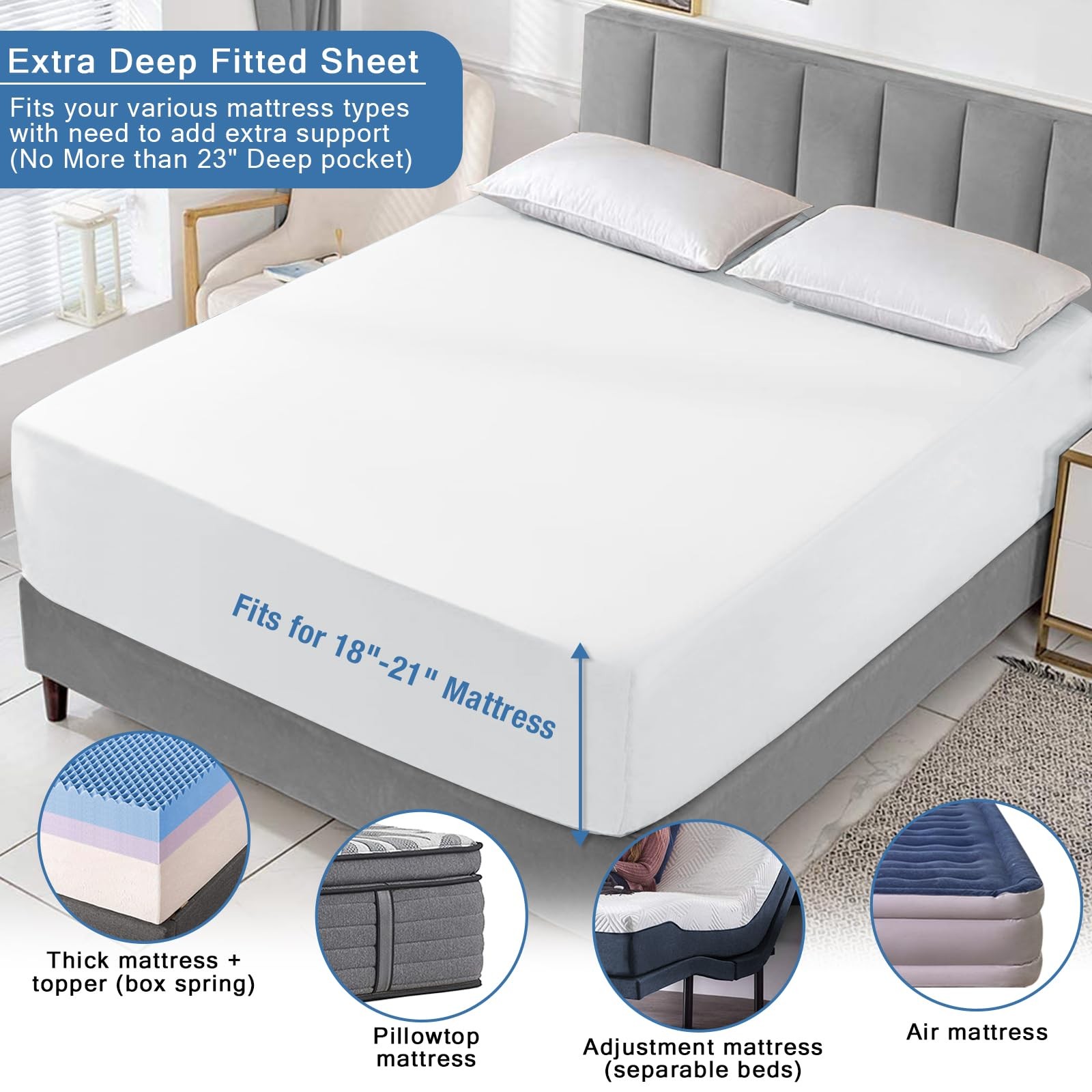Extra Deep Pocket Queen Fitted Sheet Only for 18 to 21 Inch Super Thick Mattr…