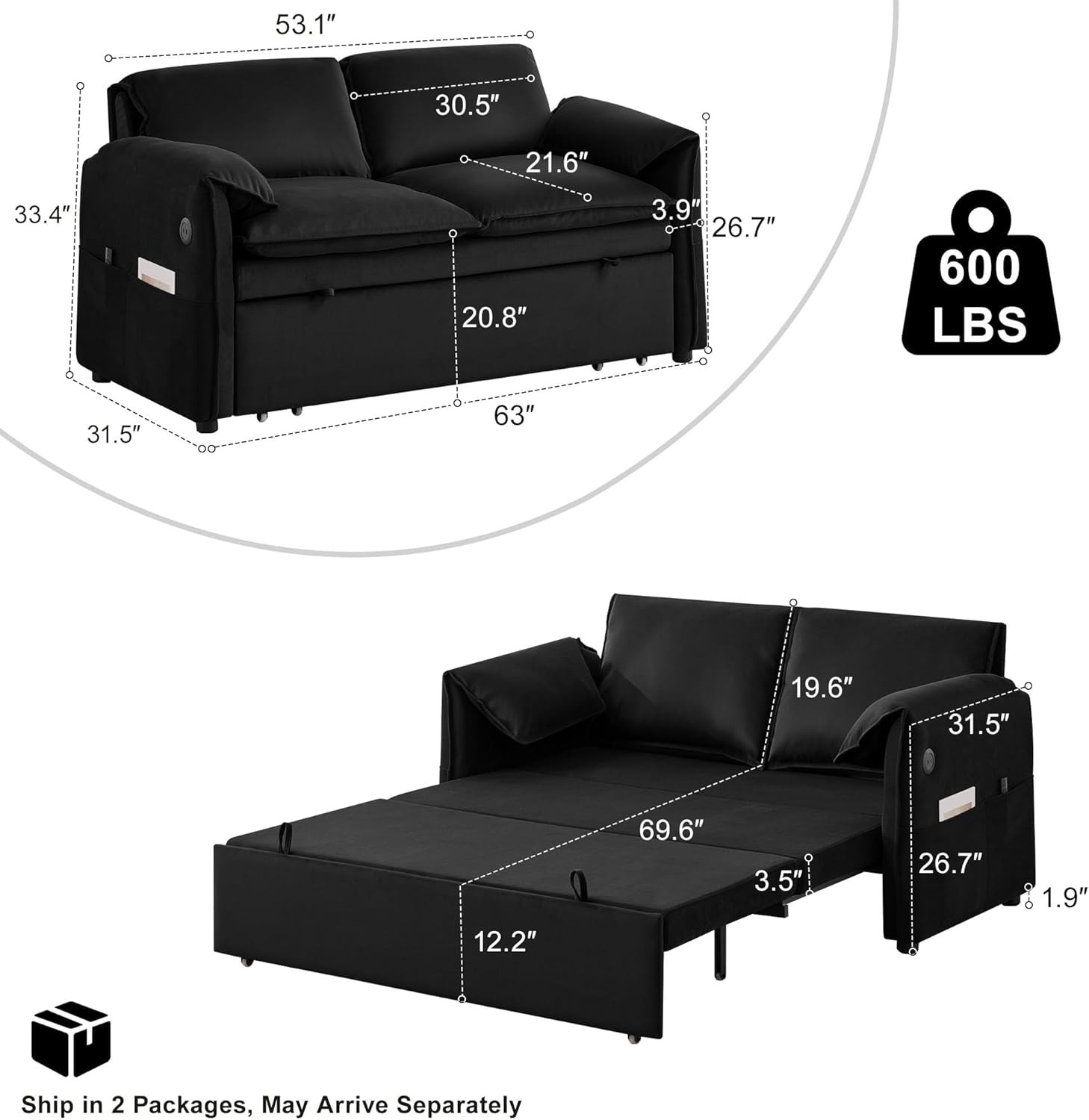 63″ Pull Out Sofa Bed, 3-in-1 Convertible Futon Loveseat Queen Sleeper