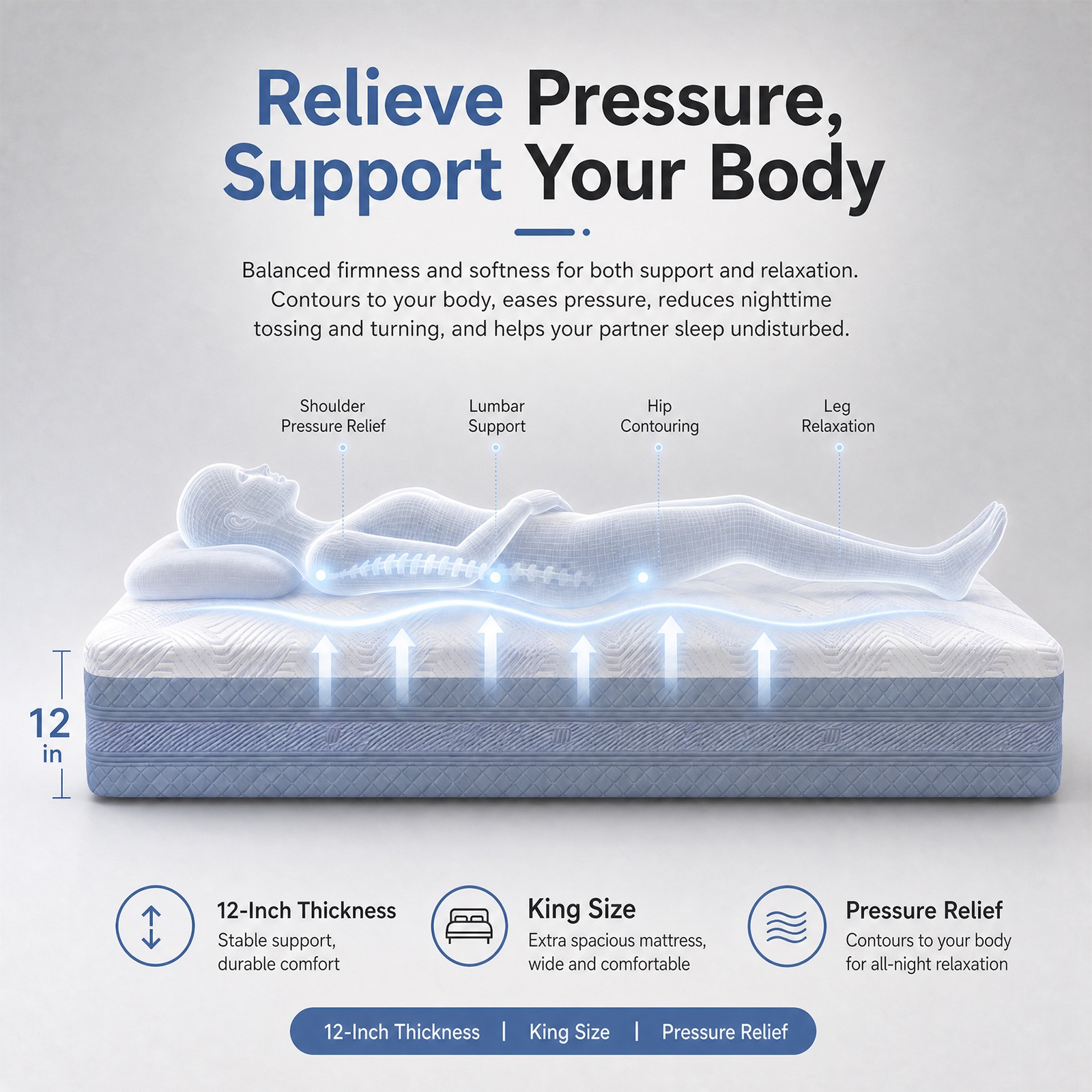 King Size Mattress 12 Inch High Density Soft Support Memory Foam Mattress Safety