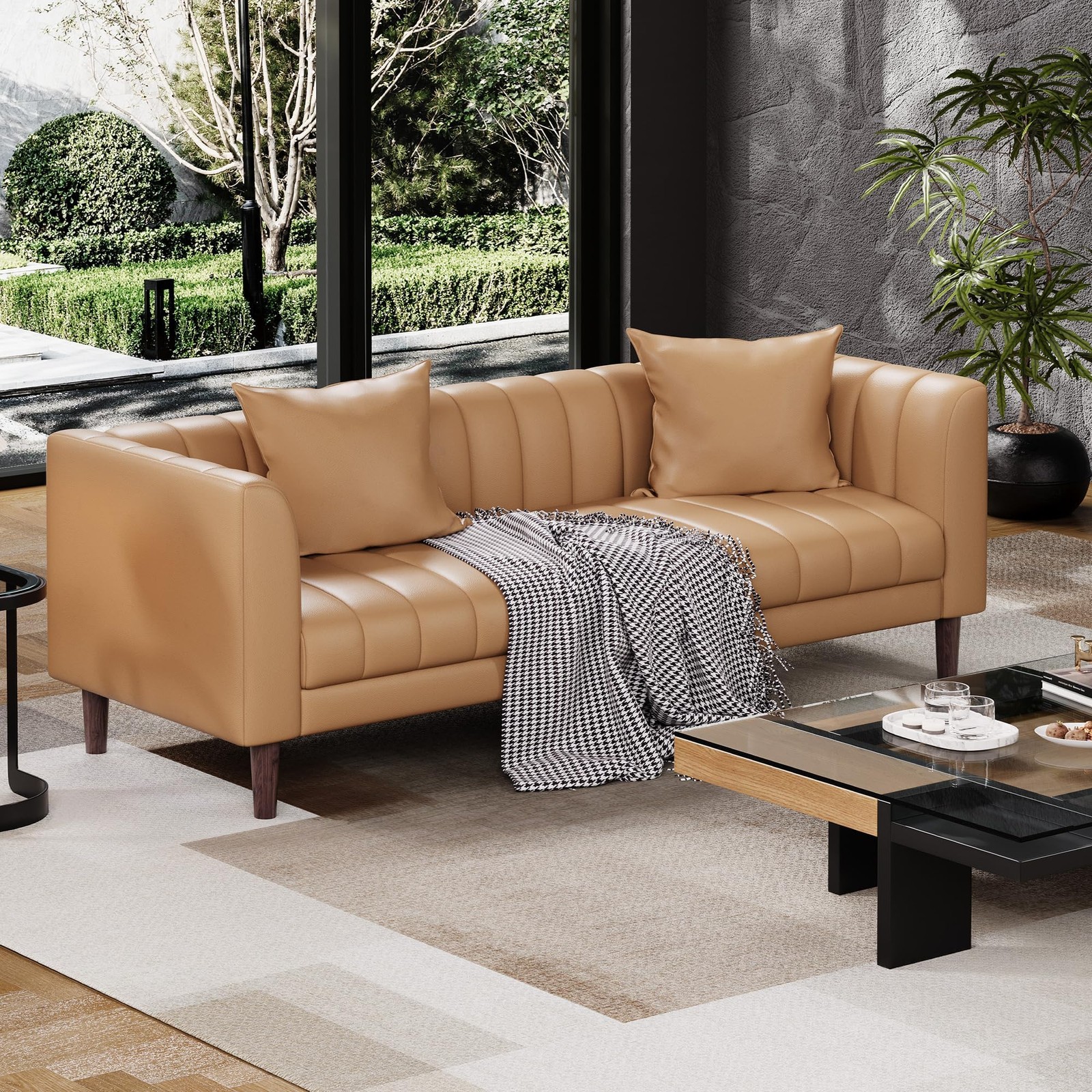 83″ W Faux Leather Sofa Couch for Living Room, Modern 3 Brown -1