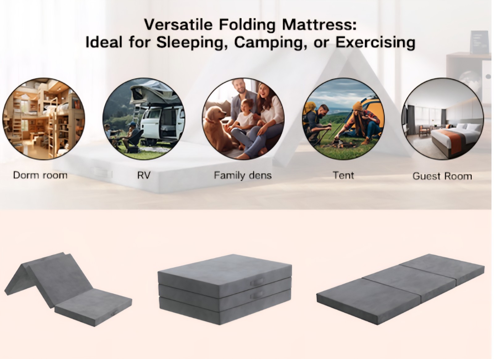 Tri-Fold Memory Foam Mattress 6″ Twin Reversible Folding Topper with Cover, Gray