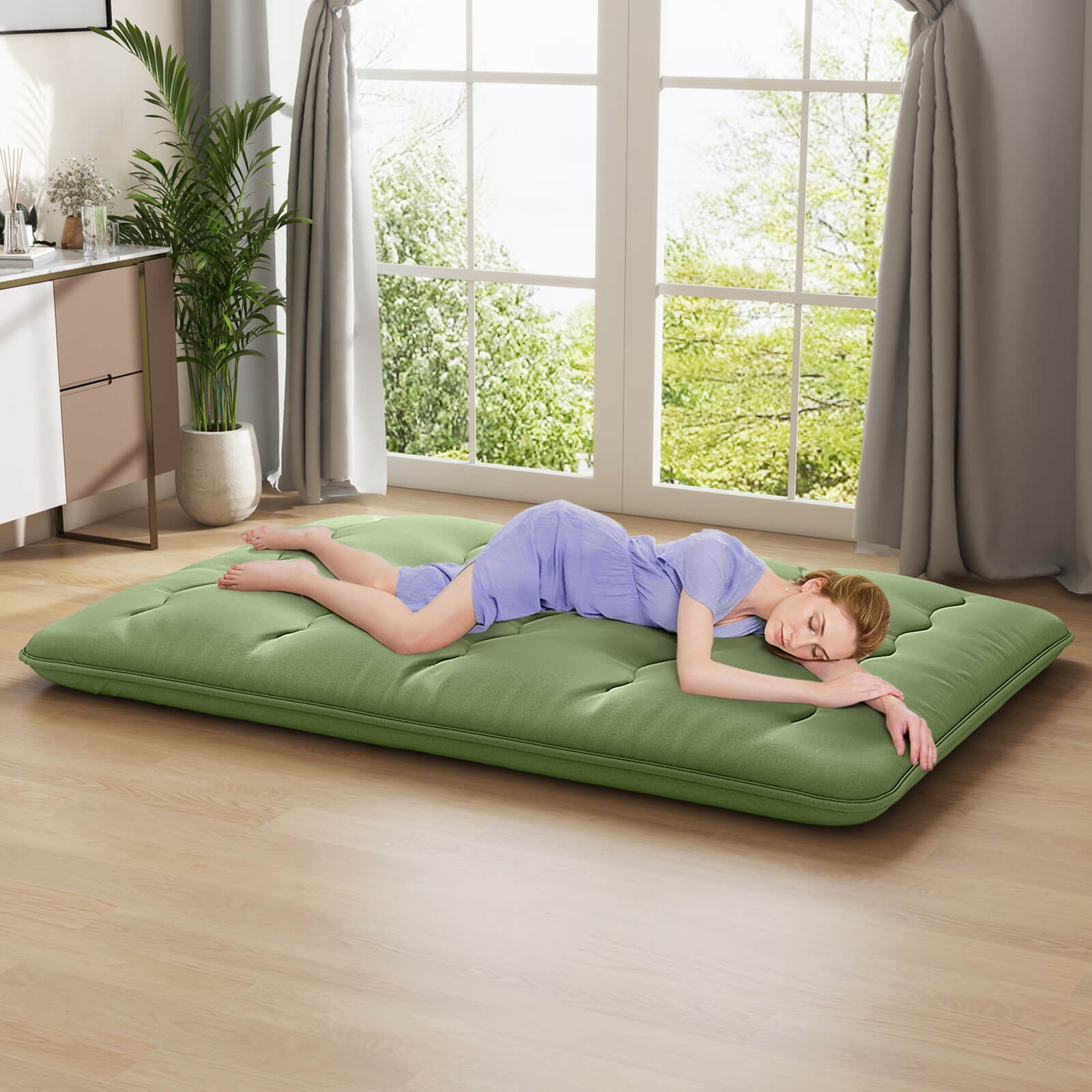 Full Futon Mattress Japanese Sleeping Pad Lounge Bed w/ Washable Cover Green