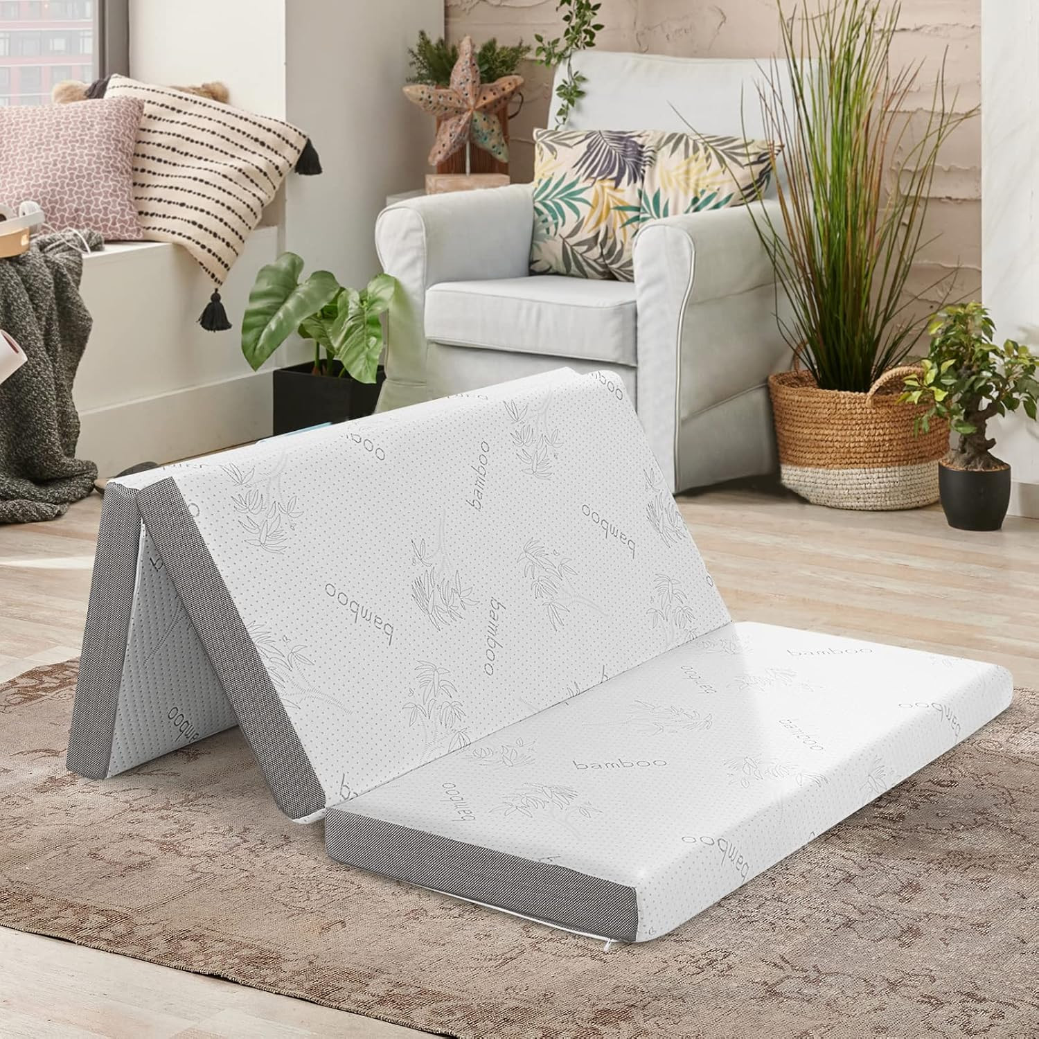 Folding Mattress, 4 Inch Gel-Infused Tri-Fold Mattress with Bamboo Cover & Carry