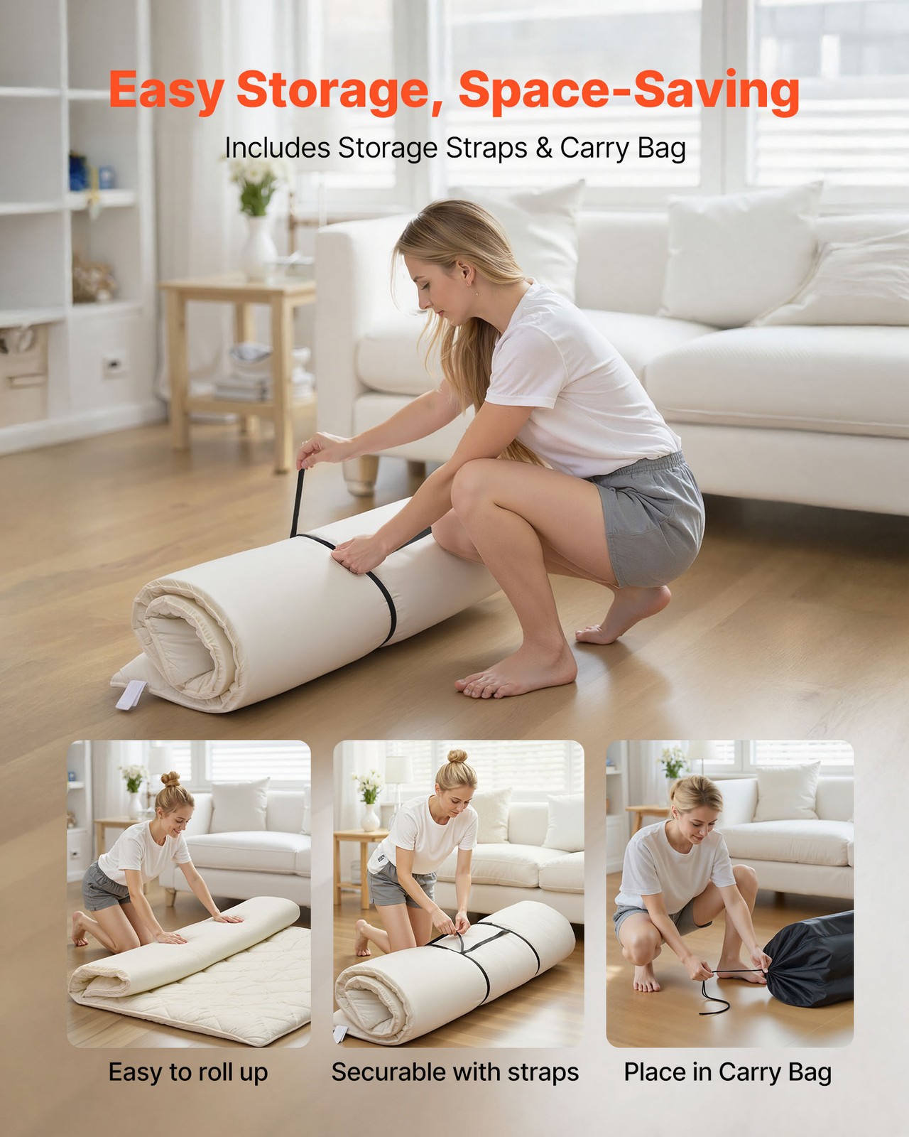 VEVOR Japanese Tatami Mattress Queen Foldable Futon Mat with Storage Bag White