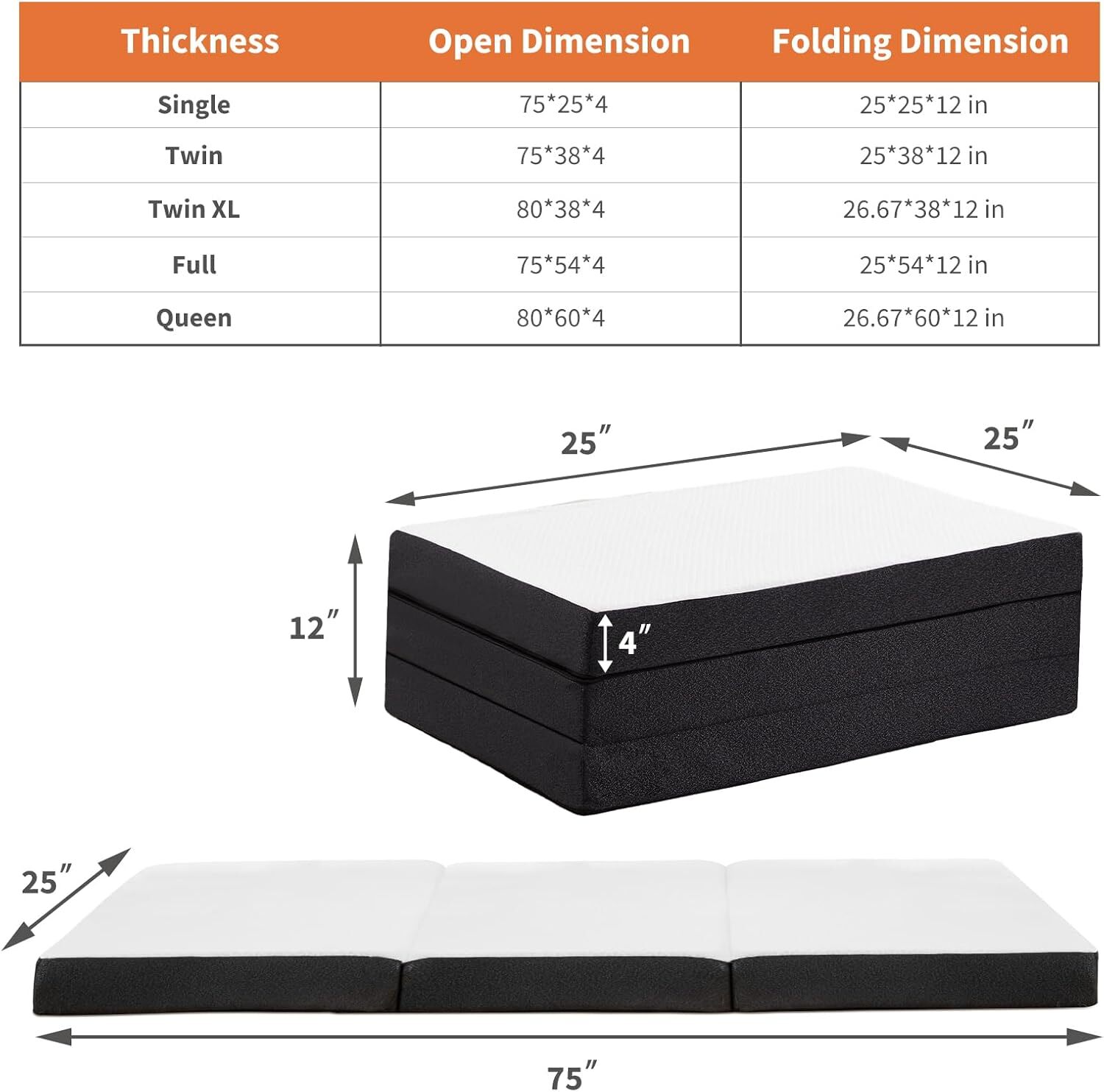 Tri-fold Gel Foam Mattress Relief Back Pain, Twin Full Queen King Washable Cover