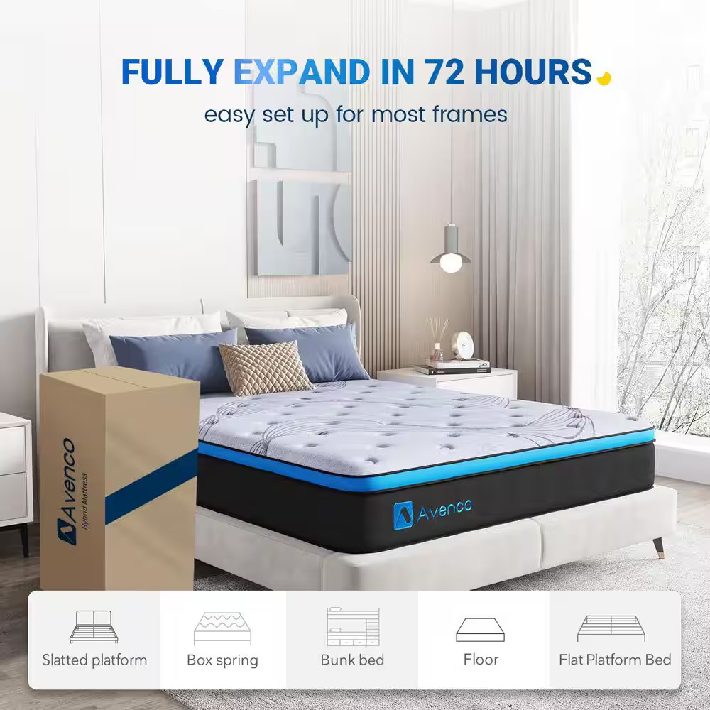 12 In. Medium Firm Hybrid Pillow Top King Size Mattress, Cooling & Certipur-Us C