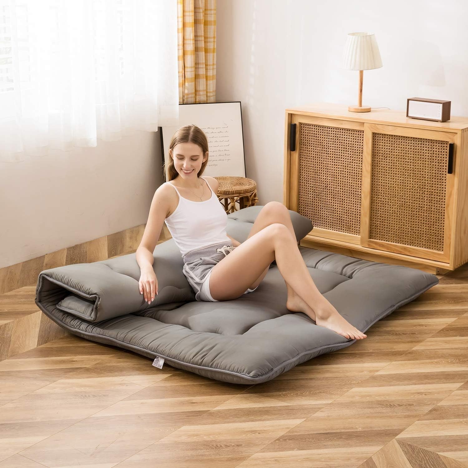 Charcoal Grey Japanese Floor Futon Mattress, Twin Size, Foldable and Comfortable