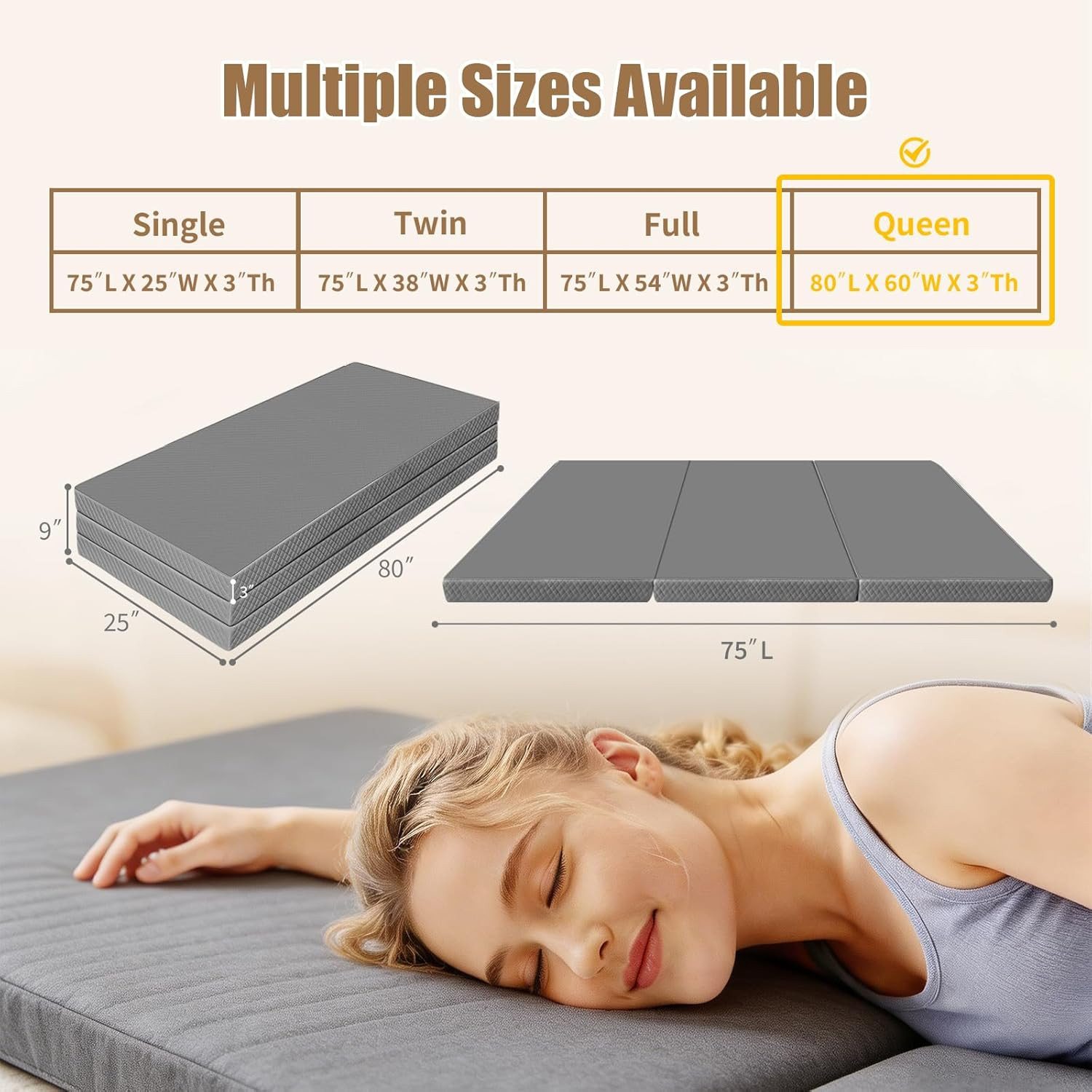 Portable Tri-Folding Mattress Topper, 3″ Queen Bed for Travel & Camping