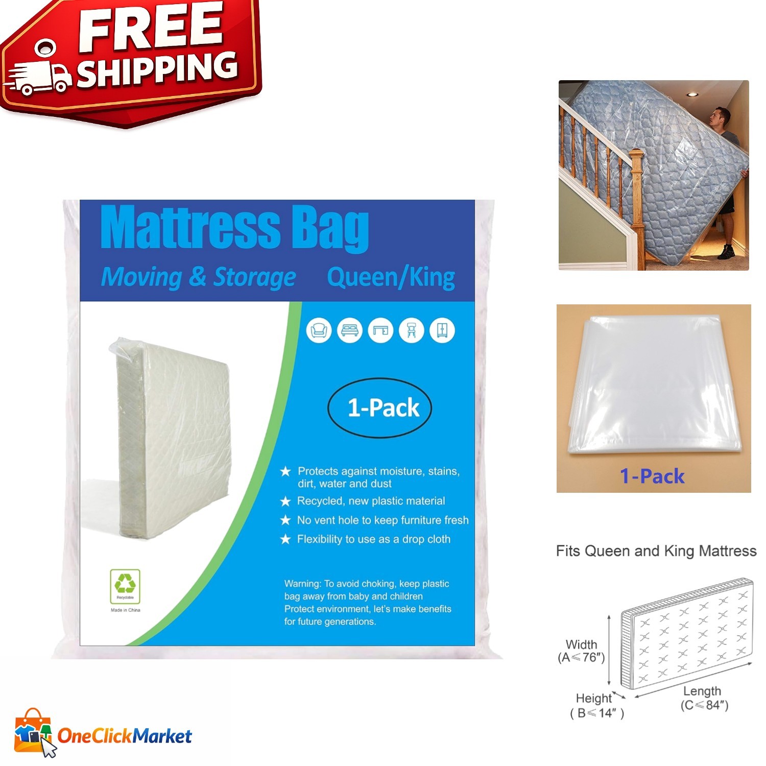 Clear Mattress Bag for Moving & Storage – Queen/King Size, Lightweight 1 Pack