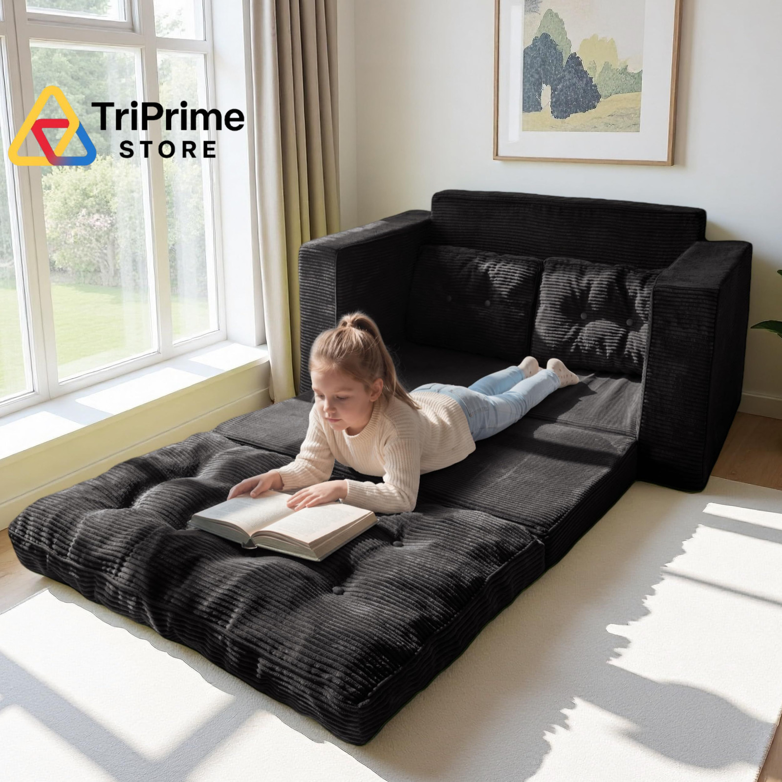 MAXYOYO Convertible Sofa Bed, Pull Out Loveseat 59″ Tri-fold Loveseat, Black
