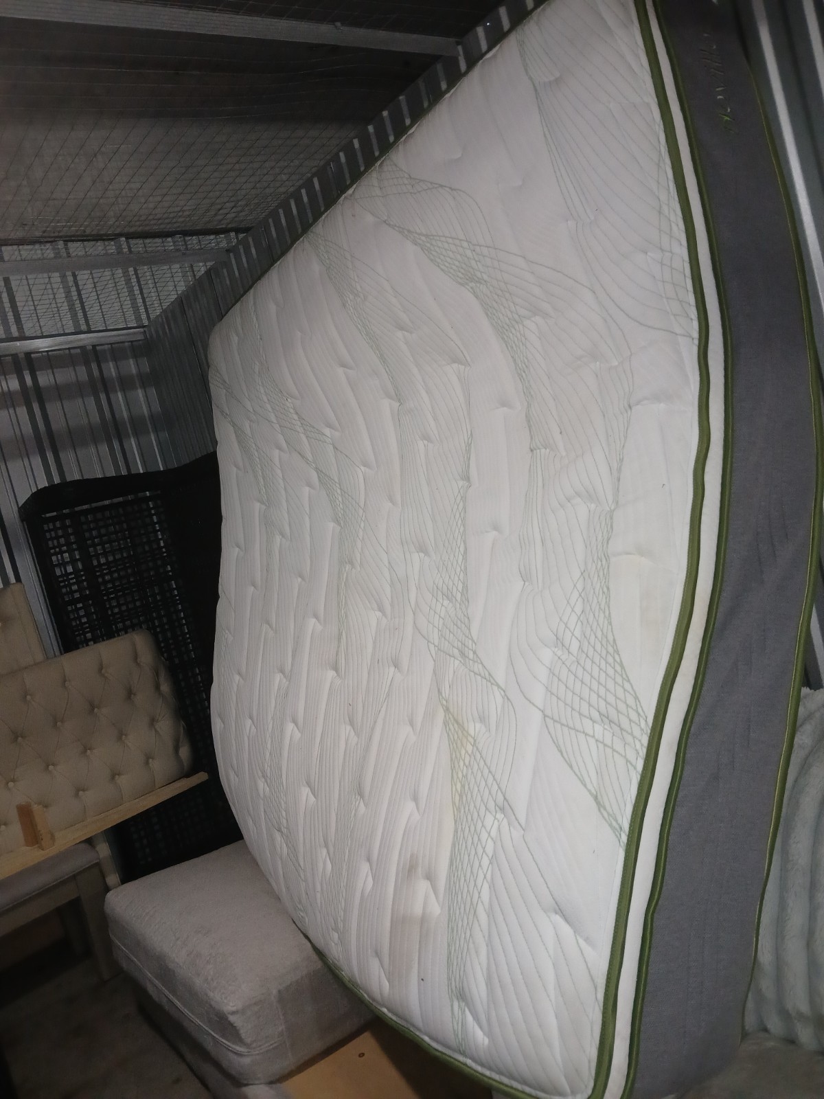 King Size Mattress Set with Upholstered Headboard, Geometric White Beige