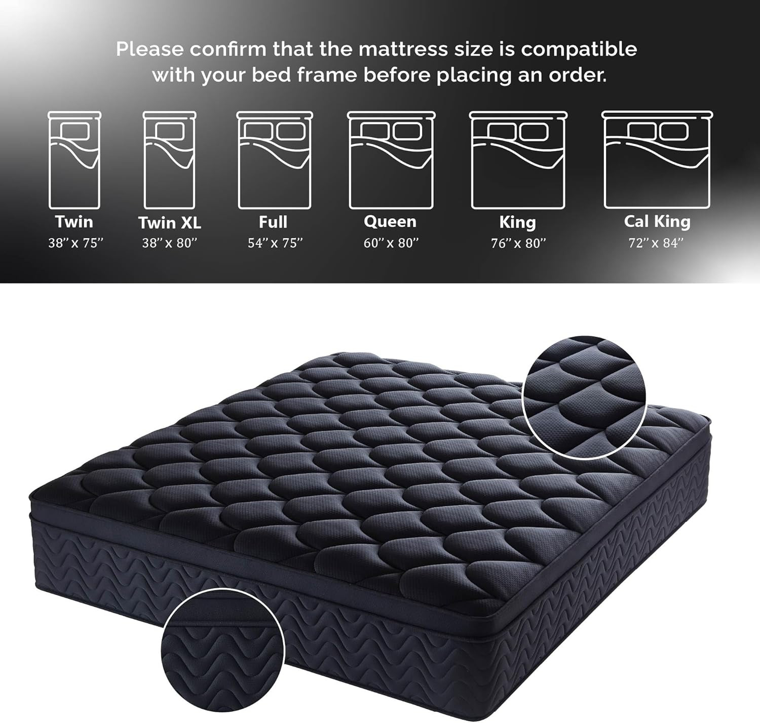 12 Inch Full Size Mattress 54”Wx75”L, Black Individual Pocket Spring Innerspring
