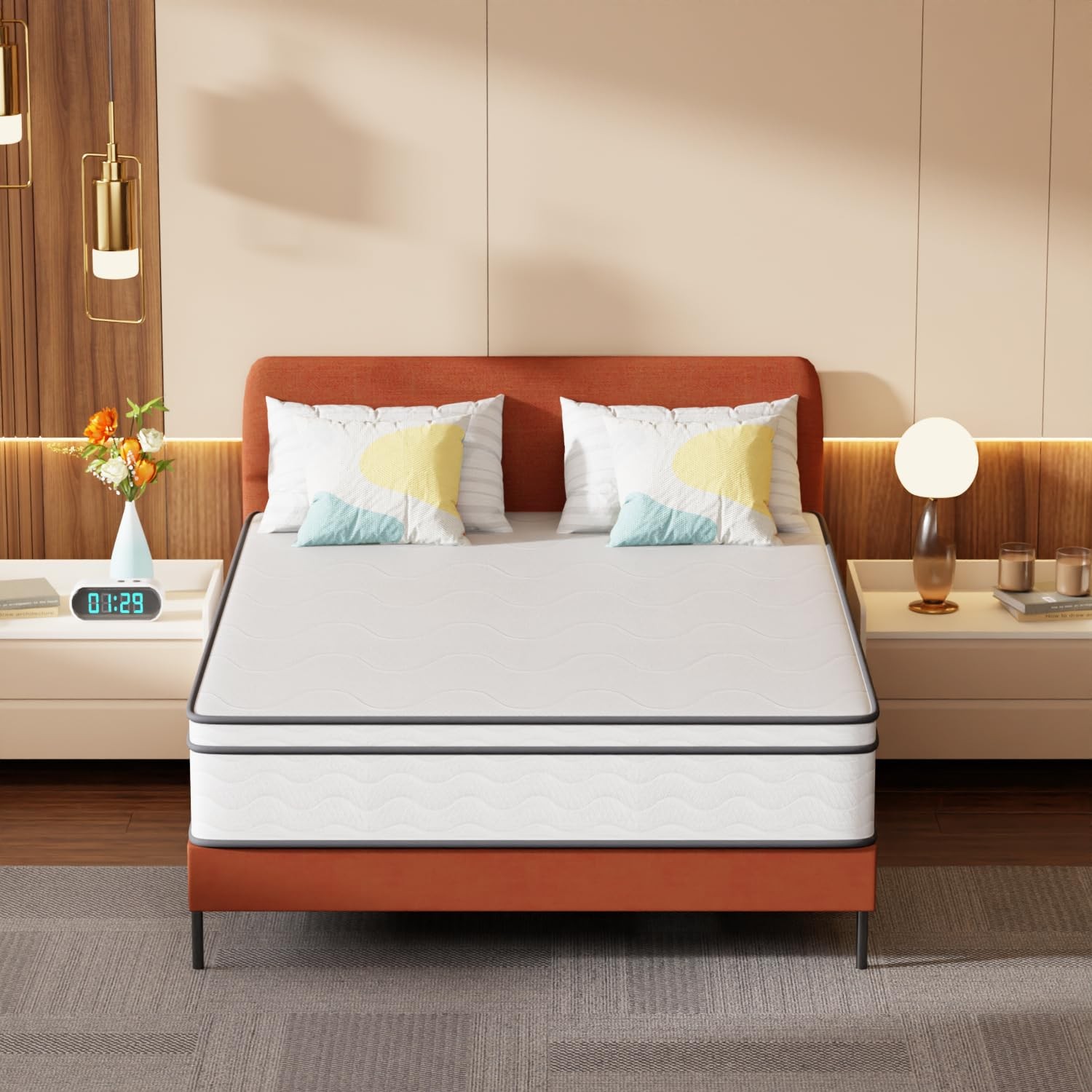 | 12 Inch Queen Mattress | Medium Firm Hybrid Mattress | White | with High-De…