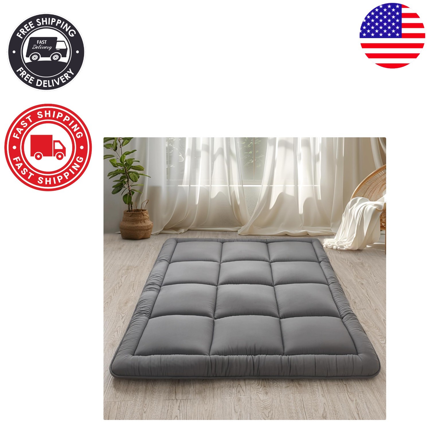 Versatile Japanese Tatami Futon Mattress – 3″ Grey, Ideal for Camping & Home