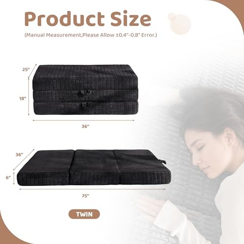 Memory Foam Tri-Folding Mattress, 6 Inch Gel Folding Mattress Tw” Black