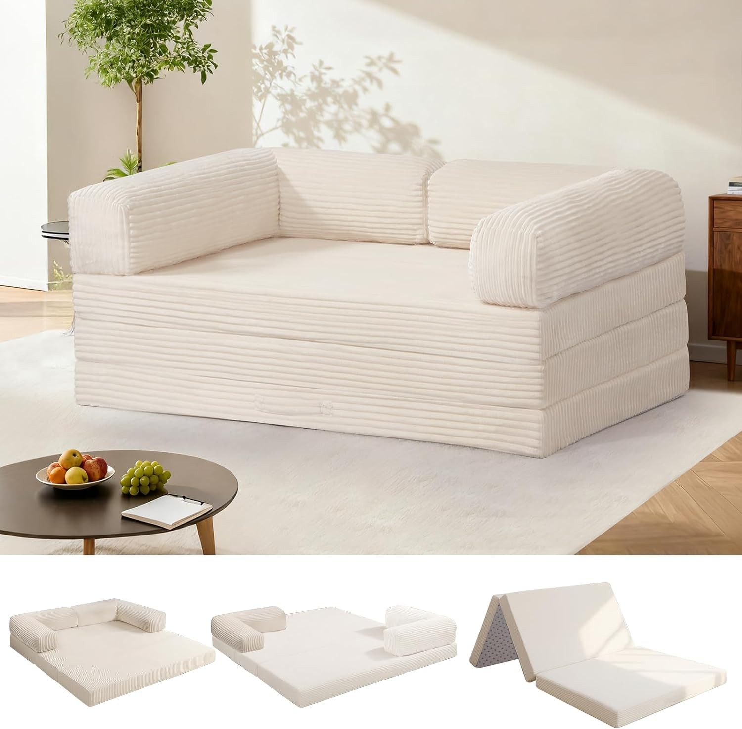 Tri-Fold Foldable Mattress Convertible Folding Sofa Bed W/ Removable Arms &