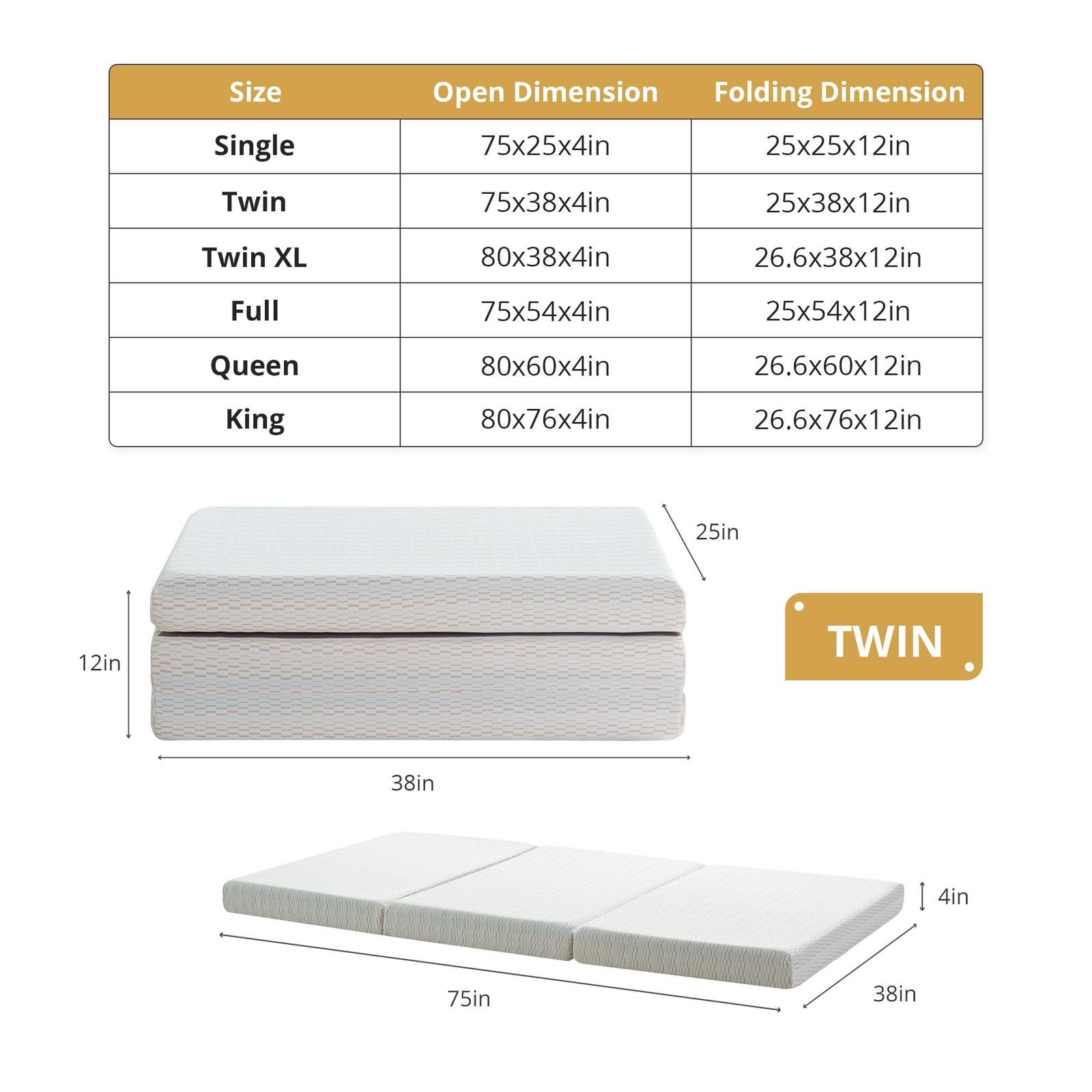 Folding Mattress King, 4 Inch Trifold Memory Foam Mattress Topper, Foldable F…