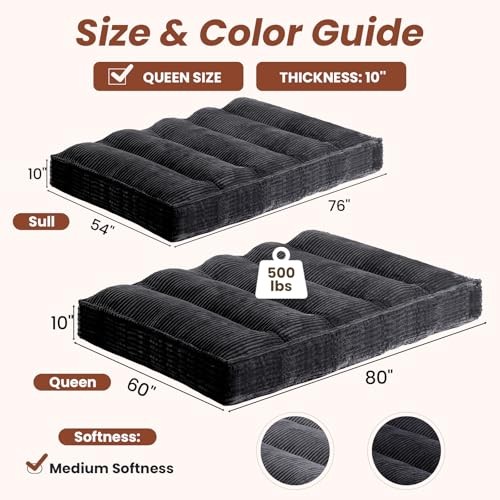 10″ Futon Mattress Queen Size,Futons Sofa Couch Bed Queen (10 Inches) Black