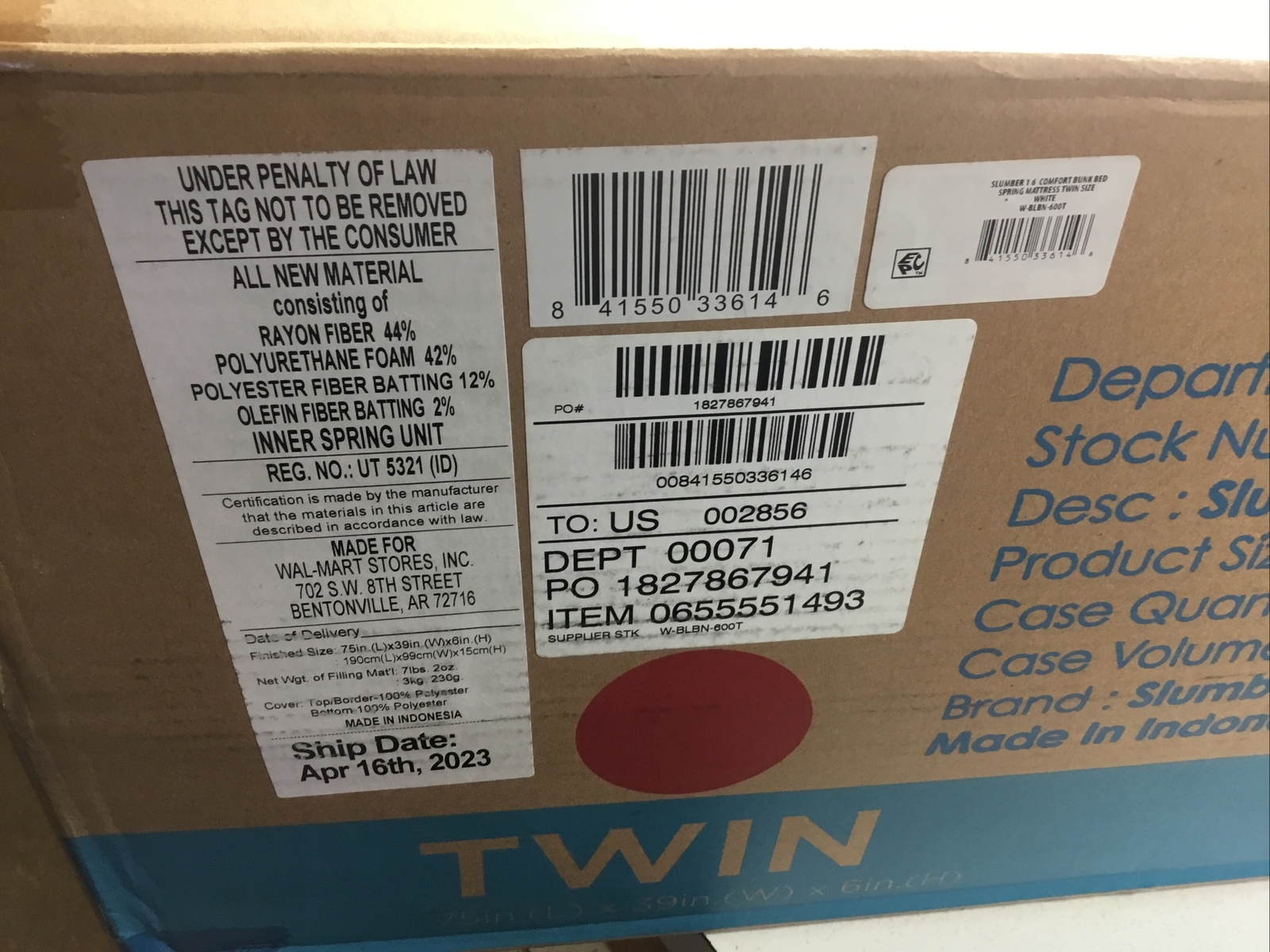 1 Slumber 1 Twin Size Spring Comfort 6” Foam Mattress 75” L 39” W 6” H NEW White