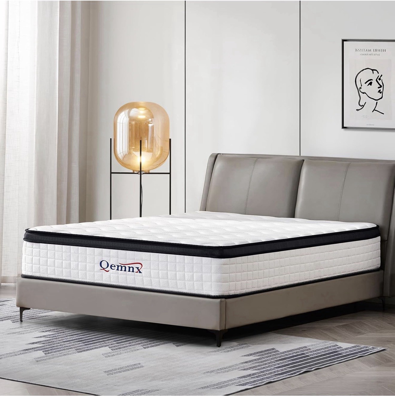 Qemnx 12″ Plush Hybrid Mattress Queen Foam-Encased, CertiPUR-US White/Black
