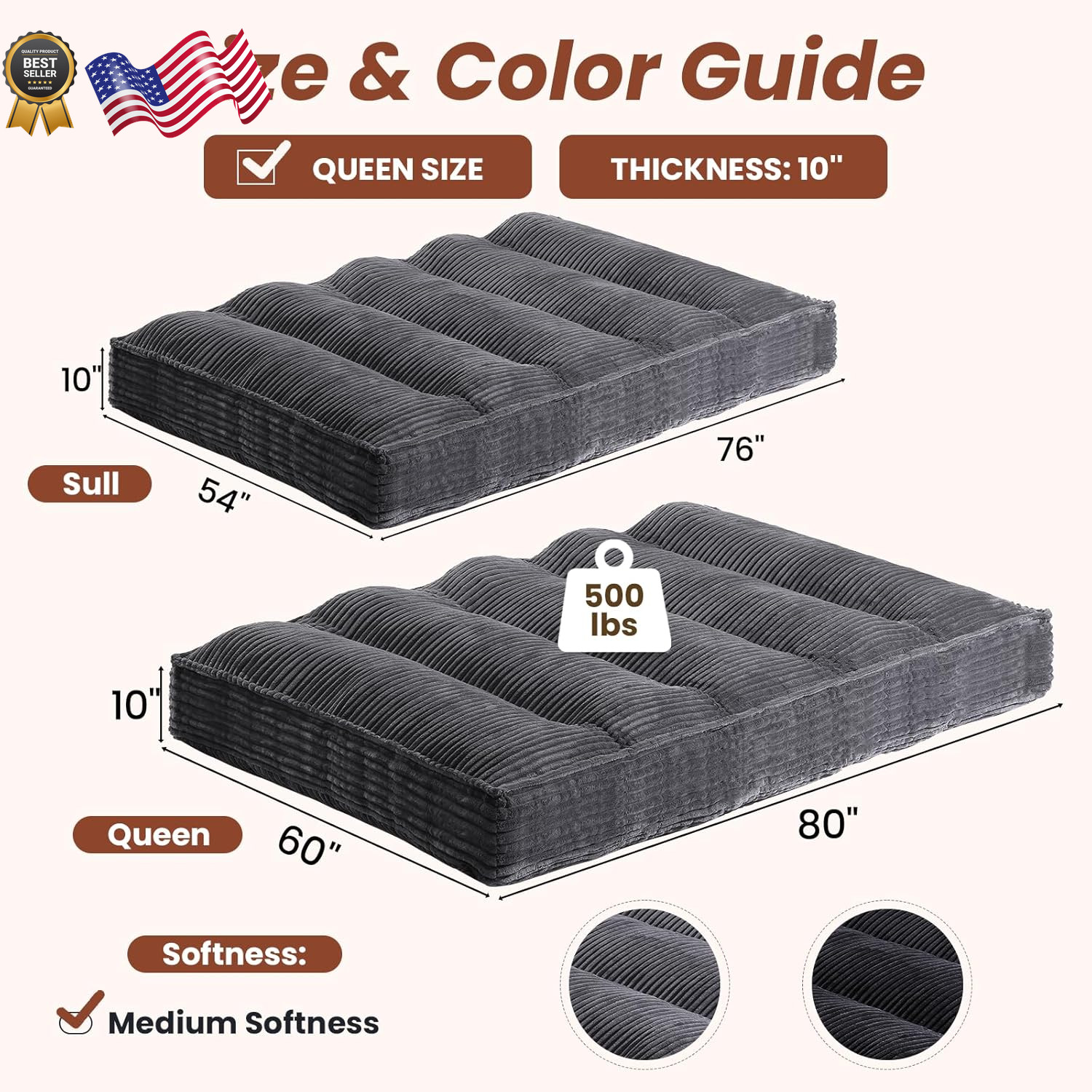 10″ Futon Mattress Queen Size Futons Sofa Couch Bed with Straps Thick Corduroy