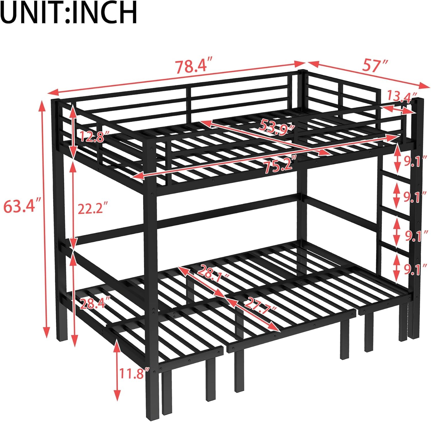 Queen Over Queen Size Futon Bunk Bed, Heavy Duty Loft Bed with Sofa, Lower