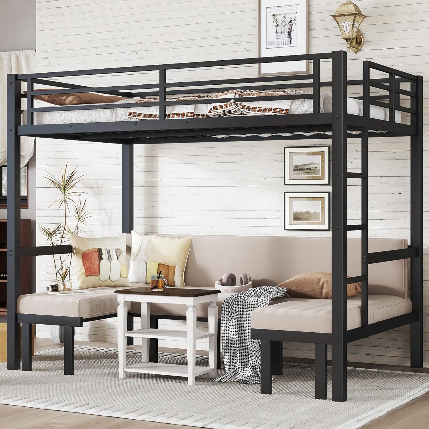Queen Over Queen Size Futon Bunk Bed, Heavy Duty Loft Bed with Sofa, Lower