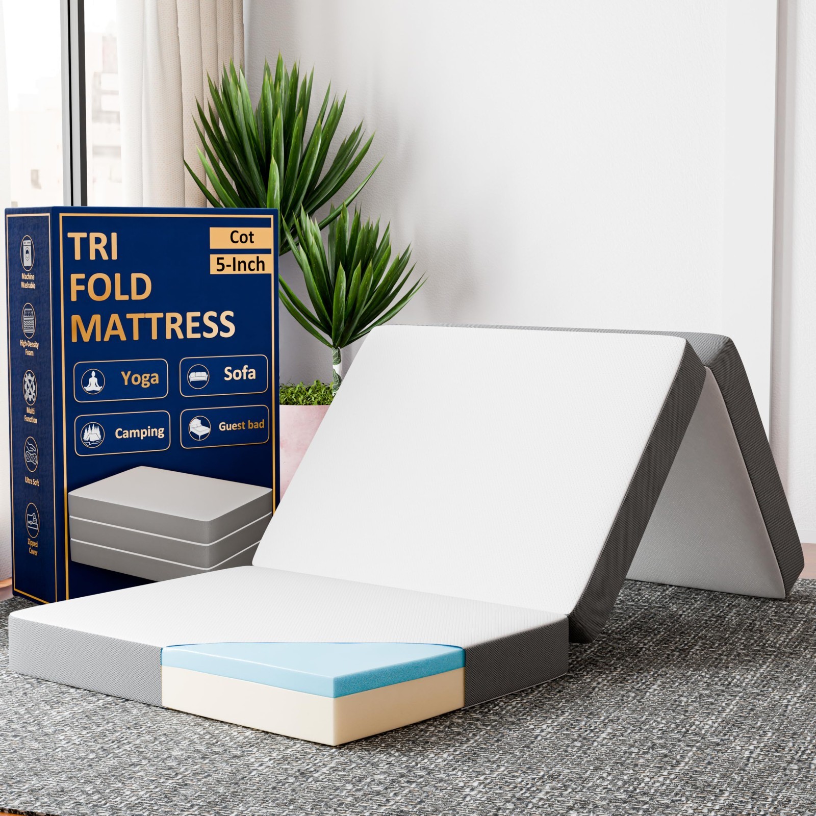 5-Inch Tri-Folding Gel Memory Foam Floor Mattress | Portable, Soft Cot Pad, Wash