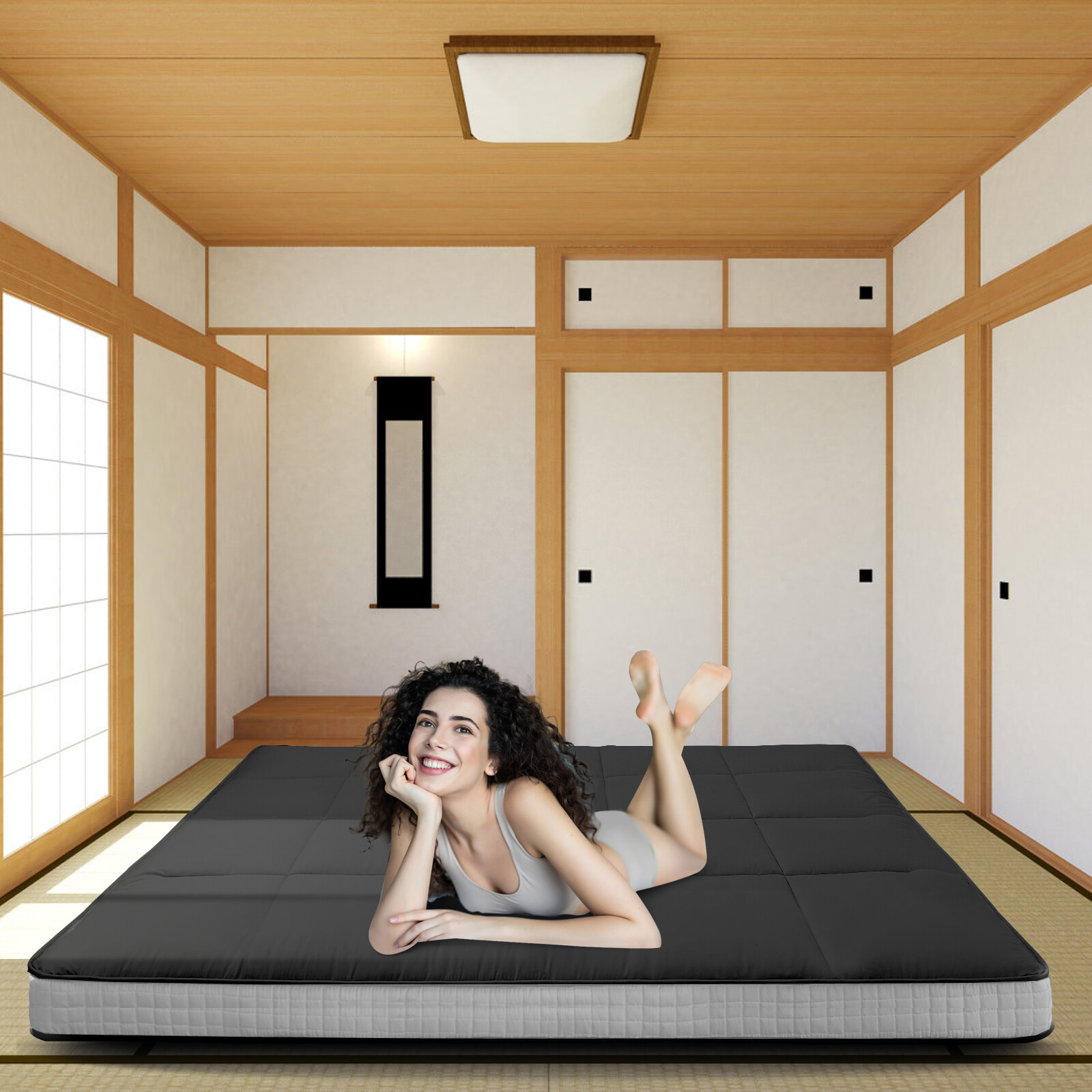 Slsy Floor Mattress Japanese Futon 4 inch Thickness Mattress & Cover Gray Brown